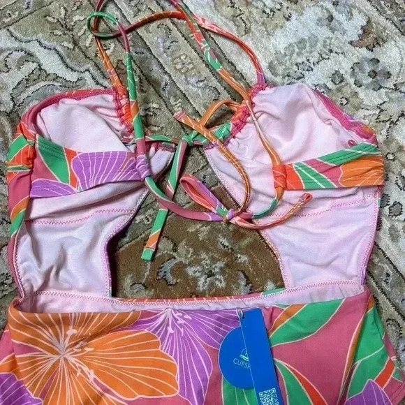 Cupche Swimsuit One Piece Tummy Cutout Tropical Print Cheeky Sz M - Picture 8 of 13